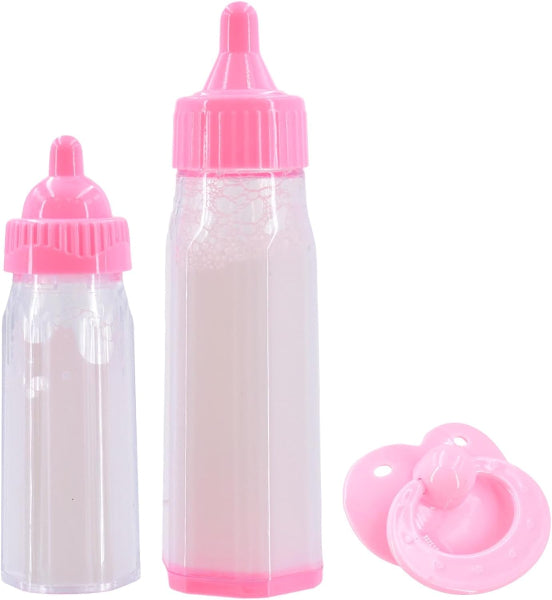 Two baby bottle-shaped bottles with pink caps and a pink pacifier on a white background.
