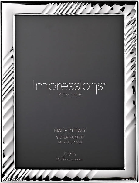 Silver-plated photo frame with 'Impressions' branding on a black background