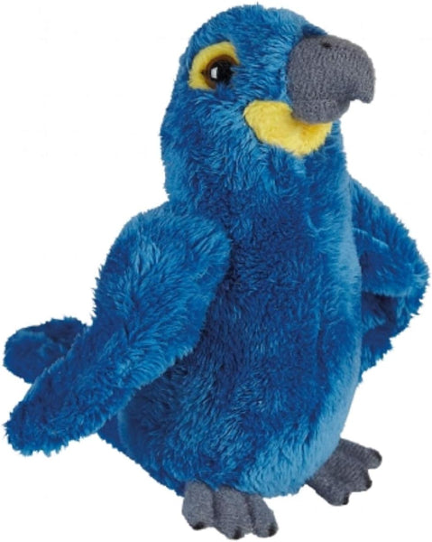 Blue plush parrot toy on a white background