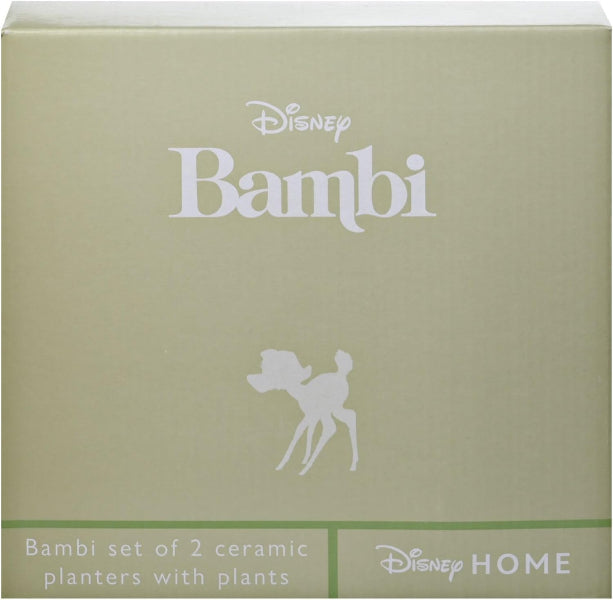 Box for Disney Bambi ceramic planters with a silhouette of Bambi on a beige background.