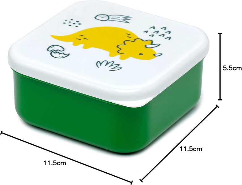 Green snack box with dinosaur design on lid, shown with dimensions.