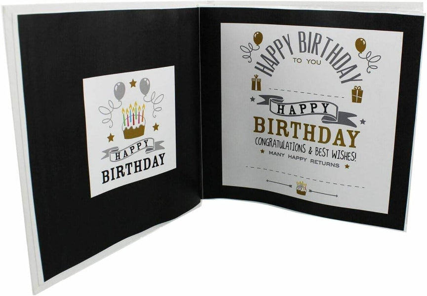 Open birthday card with black border and white interior