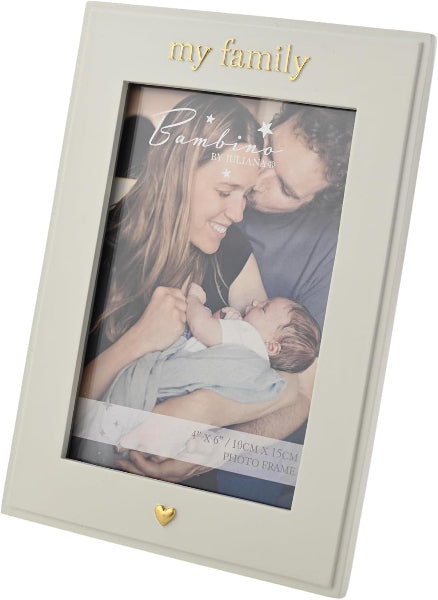 A rectangular picture frame in a light warm gray or off-white finish with gold lettering that reads 'my family' at the top and a small gold heart near the bottom. The photo insert shows a family portrait, but the sold product appears to be the frame itself, so the product color should come from the frame, not the printed photo content.