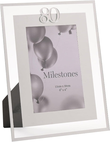 Silver photo frame with '80 Milestones' text and balloon design on a white background.
