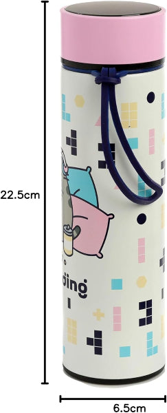 Measurement chart of a cylindrical container with a cartoon design on a white background