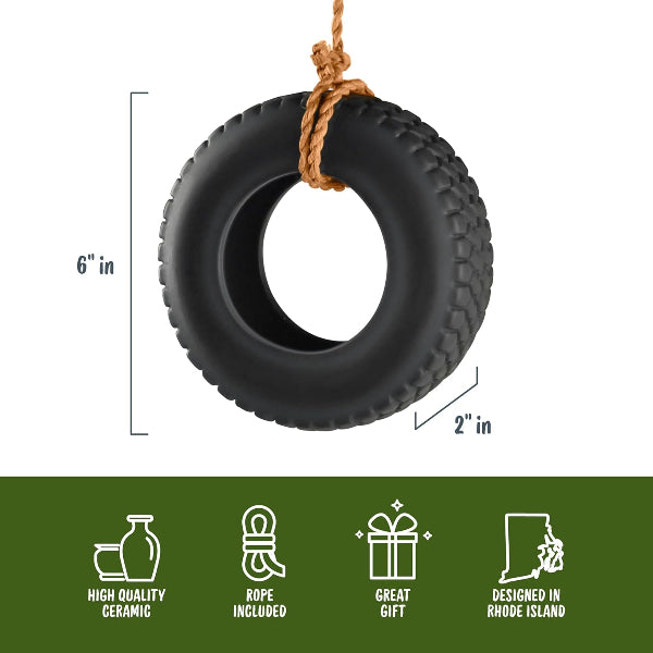 Black tire swing with rope, measurements, and product features on a white background