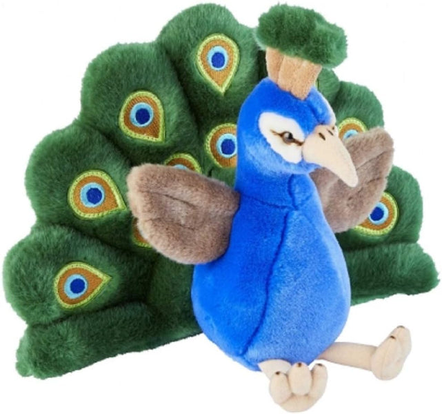 Plush toy peacock with extended feathers on a white background