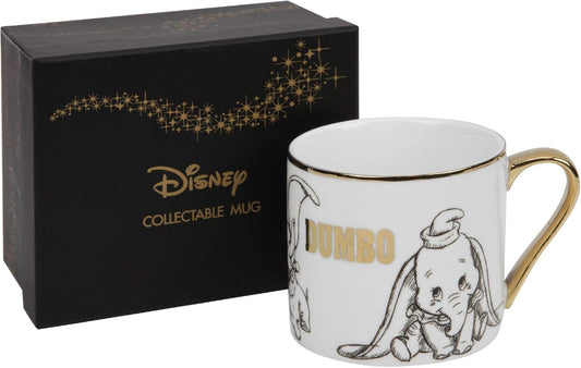 Disney collectible mug with Dumbo design in front of a black Disney box.