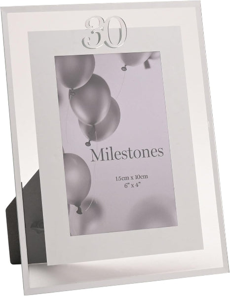 Silver photo frame with '30 Milestones' text and balloon design on a white background