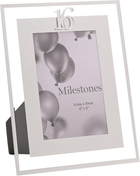 Silver photo frame with '16' and 'Milestones' text, featuring balloons on a white background.