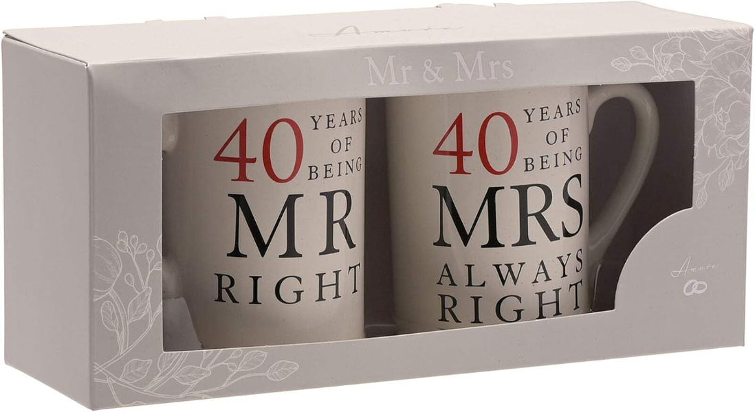 Amore by Juliana 40th Set of 2 China Mugs 'Mr Right & Mrs Always Right'