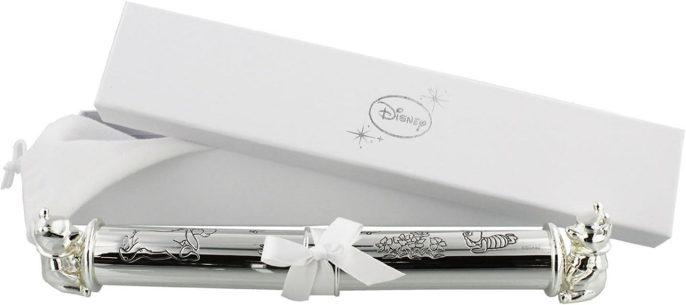 Silver baby bouncer with white bow and Disney logo on a white background