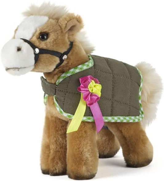 Plush toy horse with a green jacket and pink bow on a white background