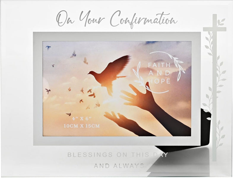 Decorative photo frame with hands reaching out, a dove, and text 'Faith and Hope' on a soft gradient background.