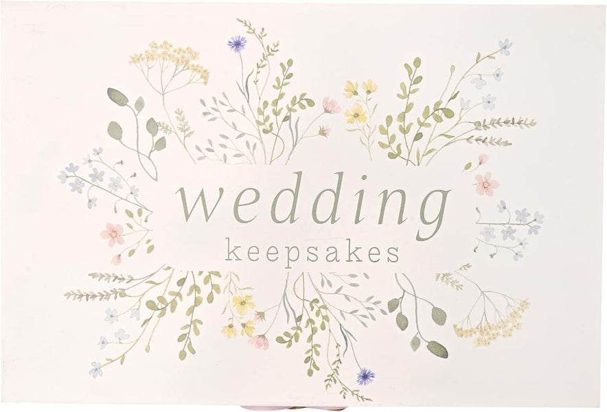 Card with floral design and 'wedding keepsakes' text on a white background