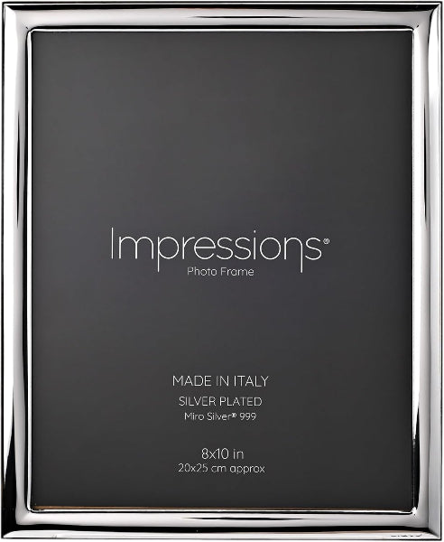 Silver photo frame with 'Impressions' branding on a black background.