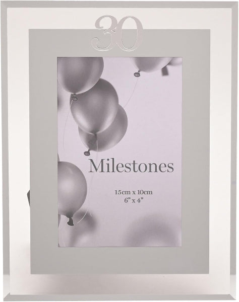 Silver photo frame with 'Milestones' text and balloon design on a white background