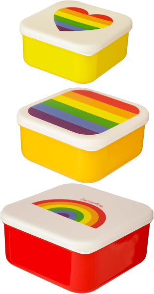 Three colorful lunch boxes with rainbow designs on a white background