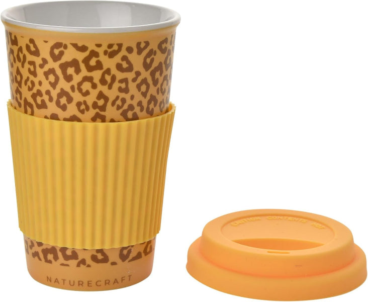 Reusable cup with leopard print pattern and yellow sleeve on a white background