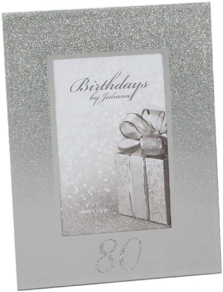 Silver glittery photo frame with a gift design and '80' text, branded 'Birthdays by Juliana'.