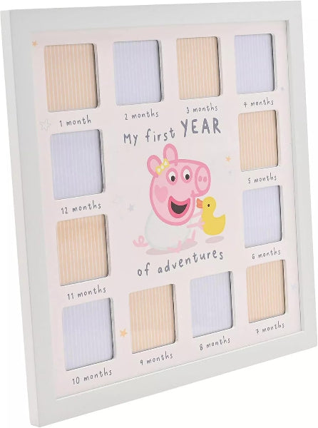 Baby milestone frame with cartoon pig and duck, labeled for each month of the first year.