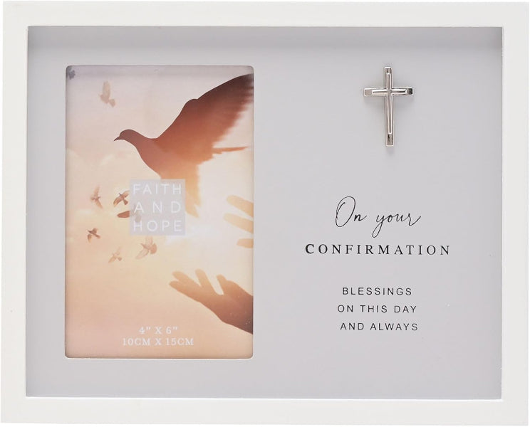 Decorative frame with a cross and image of a dove, featuring text on a light gray background.