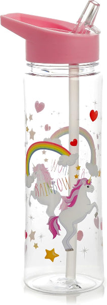 Clear water bottle with pink lid and unicorn design