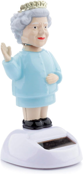 Solar-powered figurine of a person wearing a blue sweater and black shoes on a white background