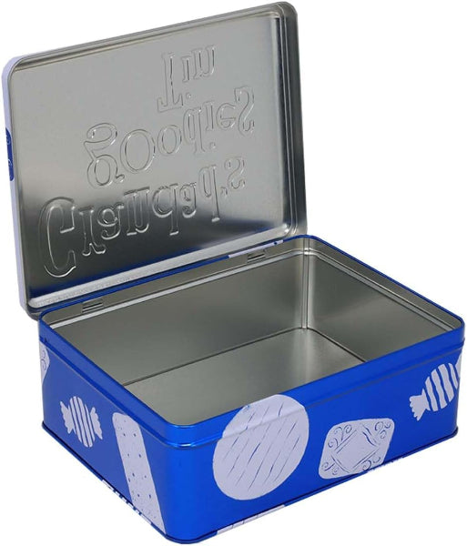 Blue metal tin with white fish illustrations and 'Mr Shipper' branding on a white background