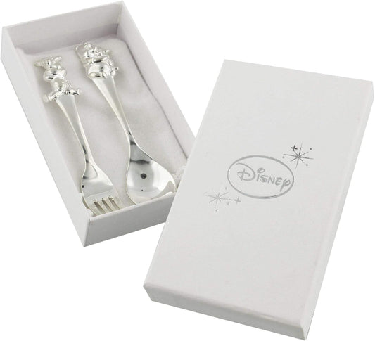 Silver spoon and fork set in a Disney branded box on a white background