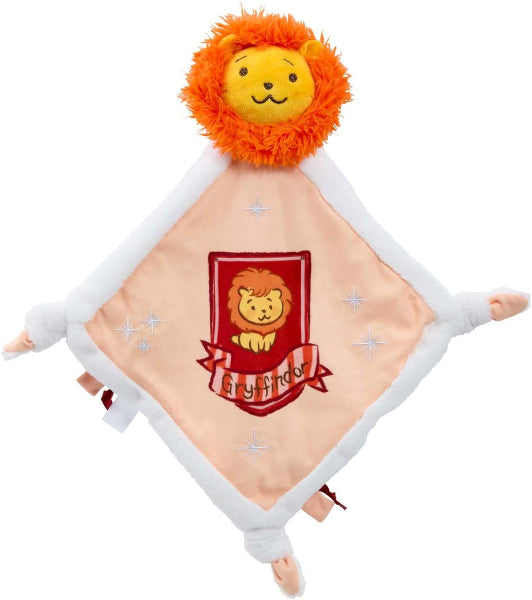 Plush lion toy with a soft blanket and embroidered design on a white background