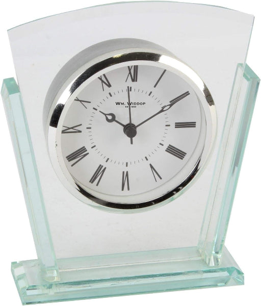 Glass clock with white face and Roman numerals on a white background