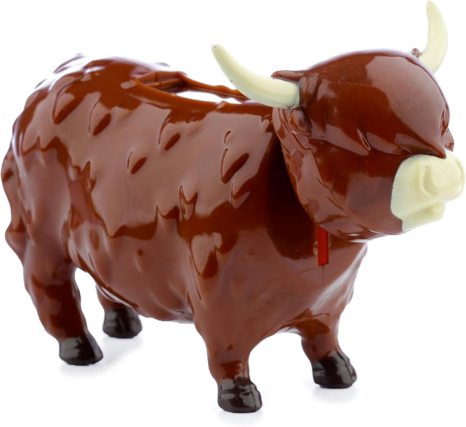 Brown bull figurine with white horns on a white background