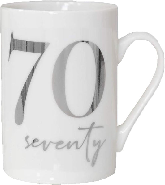 White mug with the number '70' and the word 'seventy' in gray on a white background