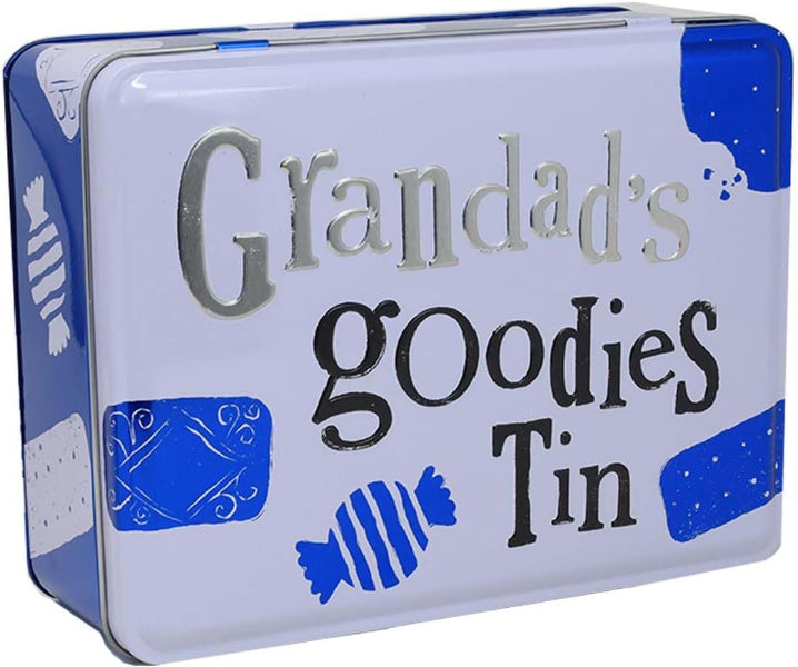 Tin box labeled 'Grandad's Goodies Tin' with blue and white design.