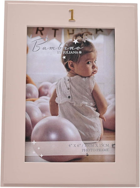 Pink photo frame with a baby inside, featuring the brand 'Bambino by Juliana'.