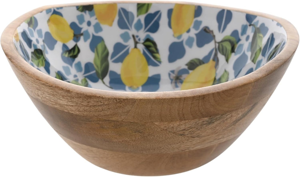 Wooden bowl with a colorful lemon pattern on a white background