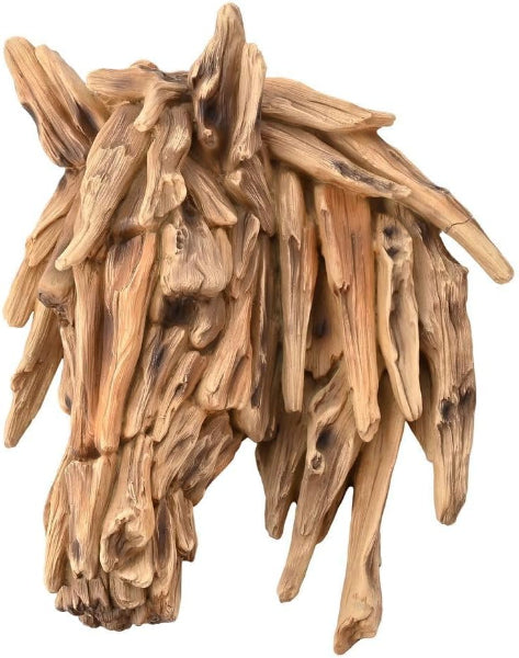 Wooden horse head sculpture on a white background