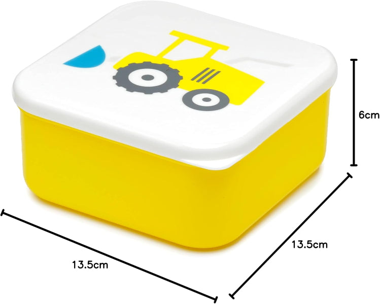 Yellow and white container with a tractor design and measurements on a white background