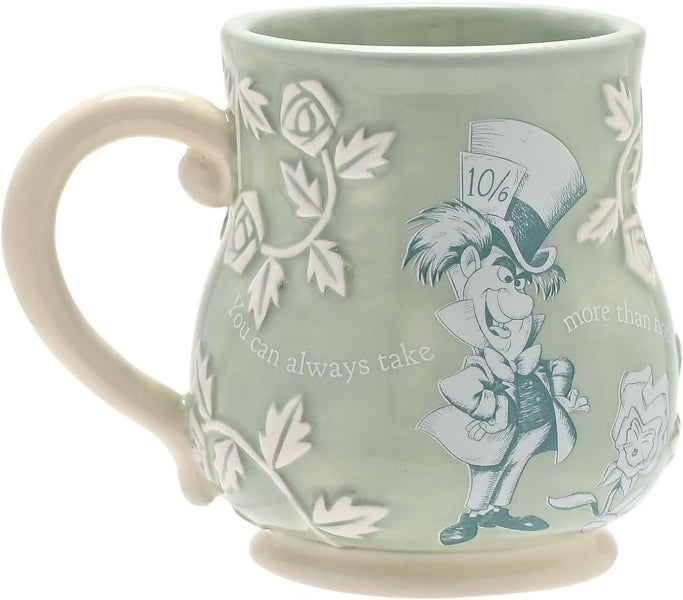 Mug with character design and text on a light green background