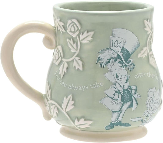 Mug with character design and text on a light green background
