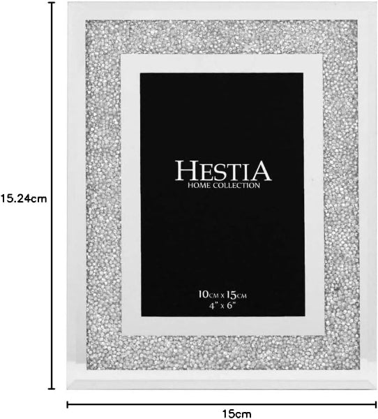 Silver glitter photo frame with Hestia Home Collection branding and dimensions.