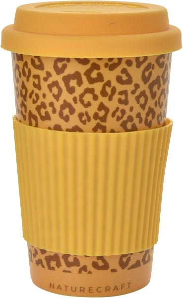 Yellow travel mug with leopard print pattern on a plain background