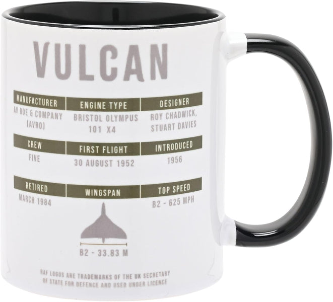 Mug with Vulcan aircraft information on a white background
