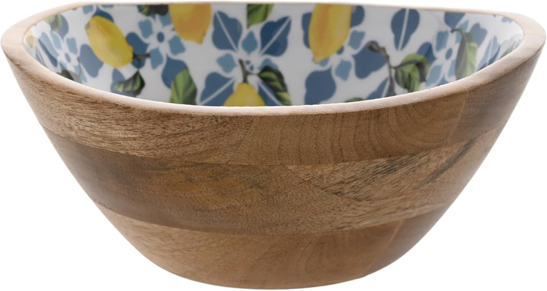 Wooden bowl with a floral interior design on a white background