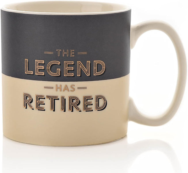 Mug with 'The Legend Has Retired' text on a white background