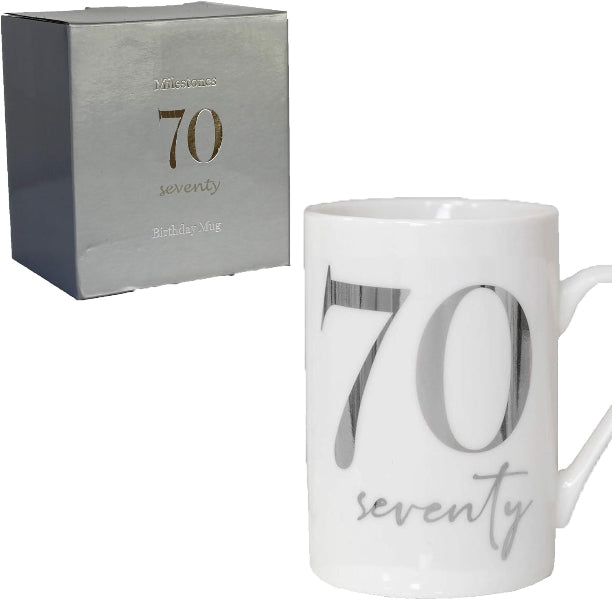 White mug with '70 seventy' design and matching box on a white background