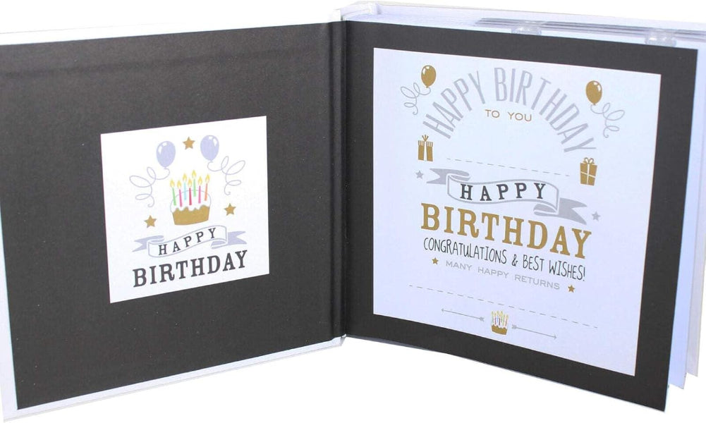 Open birthday card with 'Happy Birthday' text and graphics on a white background