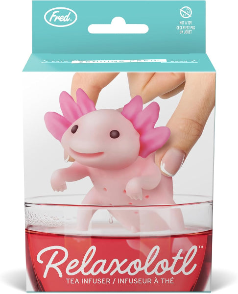 Pink axolotl tea infuser in packaging with 'Fred' branding