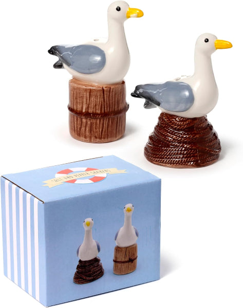 Two seagull-shaped salt and pepper shakers with a matching box on a white background
